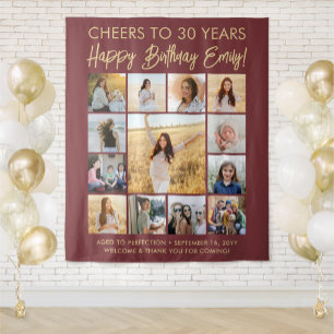 Happy Birthday Photo Collage Burgundy & Gold Party Tapestry