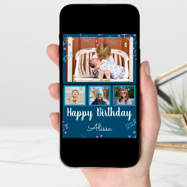 Happy Birthday Photo Collage Custom Name Confetti Card (Front Digital)