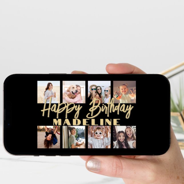 Happy Birthday Photo Collage Elegant Black & Gold Card (Front Digital)