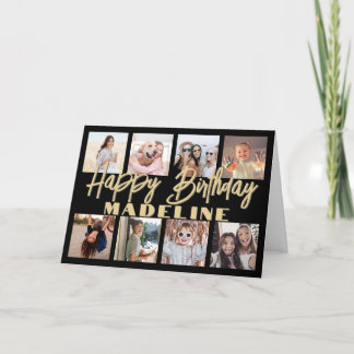 Happy Birthday Photo Collage Elegant Black & Gold Card