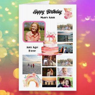 Happy Birthday Photo Collage Female Cake & Rainbow Card