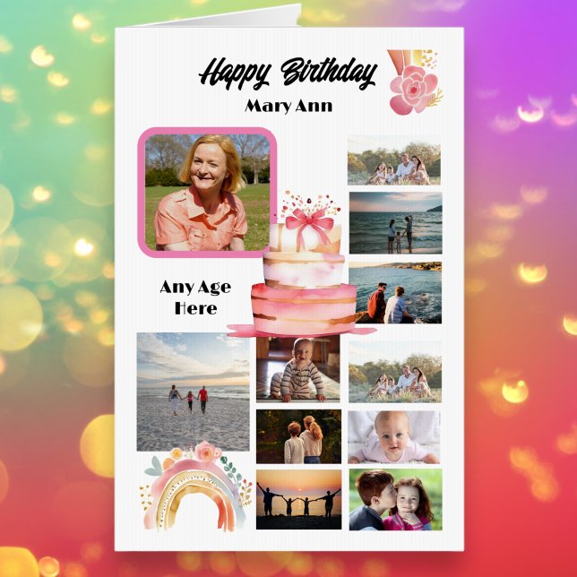 Happy Birthday Photo Collage Female Cake & Rainbow Card (Creator Uploaded)