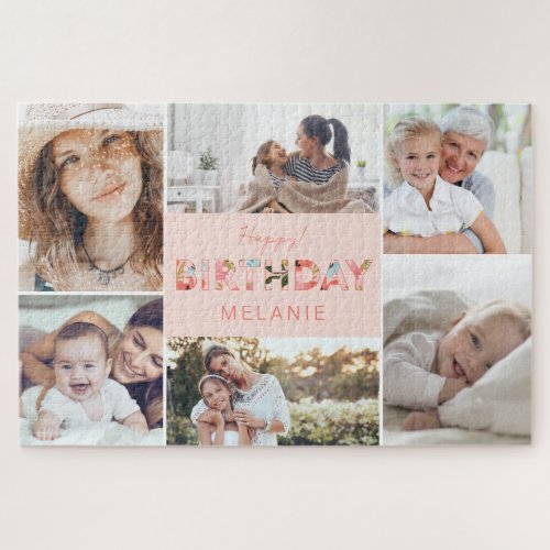 Happy Birthday Photo Collage  Floral Pattern Jigsaw Puzzle