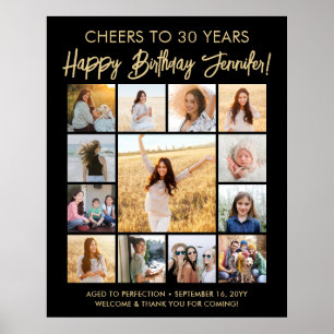 Happy Birthday Photo Collage Modern Black and Gold Poster