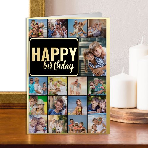 Happy Birthday Photo Collage with 17 Pictures Gold Foil Greeting Card
