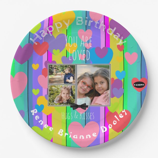 Happy Birthday Photo Colorful Hearts HAMbWG Paper  Paper Plates (Front)