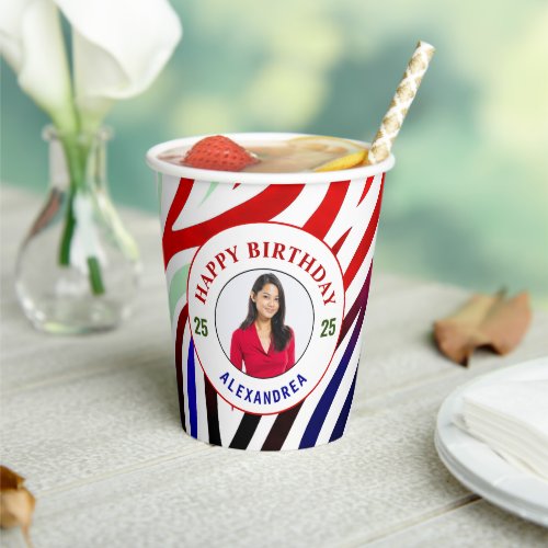 Happy Birthday Photo Colorful Stripes Personalize Paper Cups