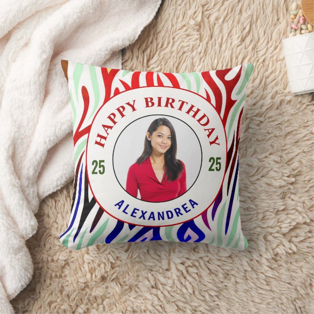 Happy Birthday Photo Colorful Stripes Personalize  Throw Pillow (Blanket)