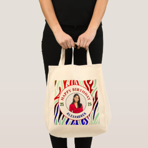 Happy Birthday Photo Colorful Stripes Personalize Tote Bag