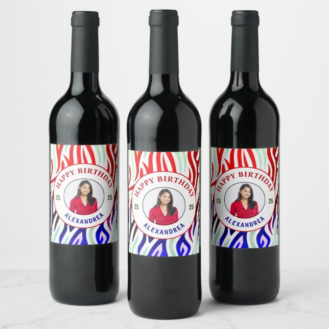 Happy Birthday Photo Colorful Stripes Personalize Wine Label (Bottles)