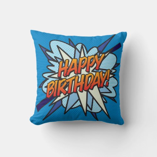 Happy Birthday Photo Fun Modern Comic Book Blue Throw Pillow