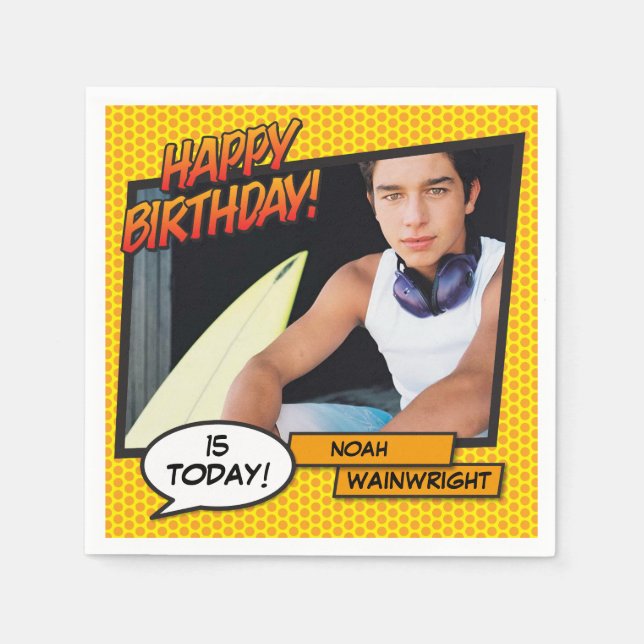 Happy Birthday Photo Fun Retro Comic Book Napkins (Front)
