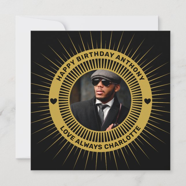 Happy Birthday Photo Gold Black Modern Card (Front)