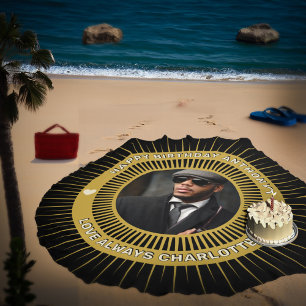 Happy Birthday Photo Gold Black Modern Round Beach Towel