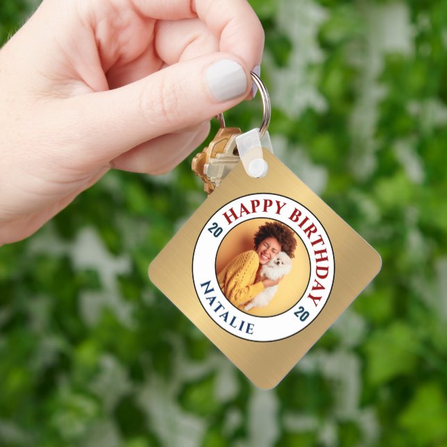 Happy Birthday Photo Gold Elegant Personalize   Keychain (Hand)