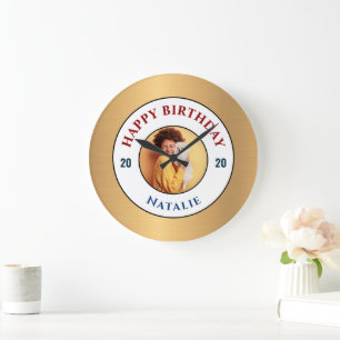 Happy Birthday Photo Gold Elegant Personalize Large Clock