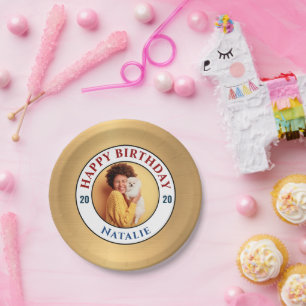 Happy Birthday Photo Gold Elegant Personalize Paper Plates