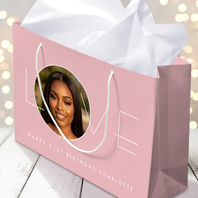 Happy Birthday Photo Love Typography Blush Pink Large Gift Bag (Creator Uploaded)
