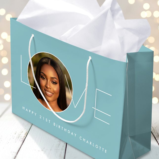 Happy Birthday Photo Love Typography Chic Blue Large Gift Bag (Creator Uploaded)