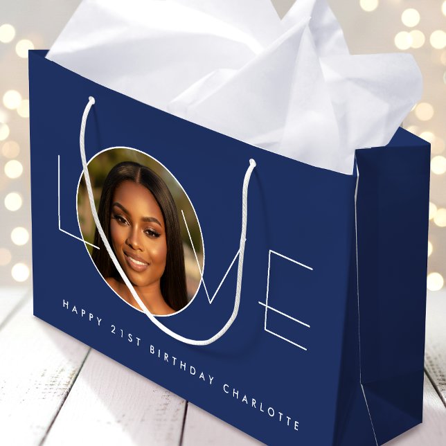 Happy Birthday Photo Love Typography Chic Navy Large Gift Bag (Creator Uploaded)