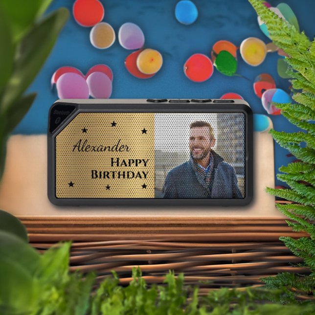 Happy Birthday Photo Modern Gold Personalize Bluetooth Speaker (Happy Birthday Photo Modern Gold Personalize Bluetooth Speaker write custom information and photo. )