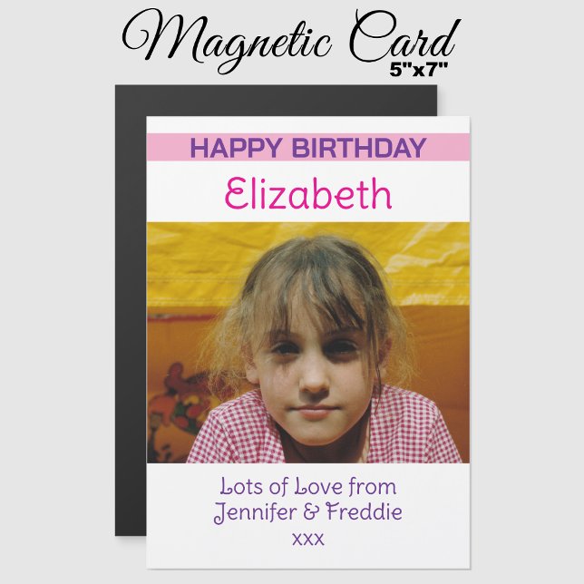 Happy Birthday photo name purple magnetic card (Creator Uploaded)