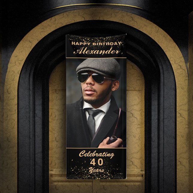 Happy Birthday Photo Party Event Gold Black Custom Banner (Happy Birthday Photo Party Event Gold Black Custom Banner great for celebrating the birthday event. )