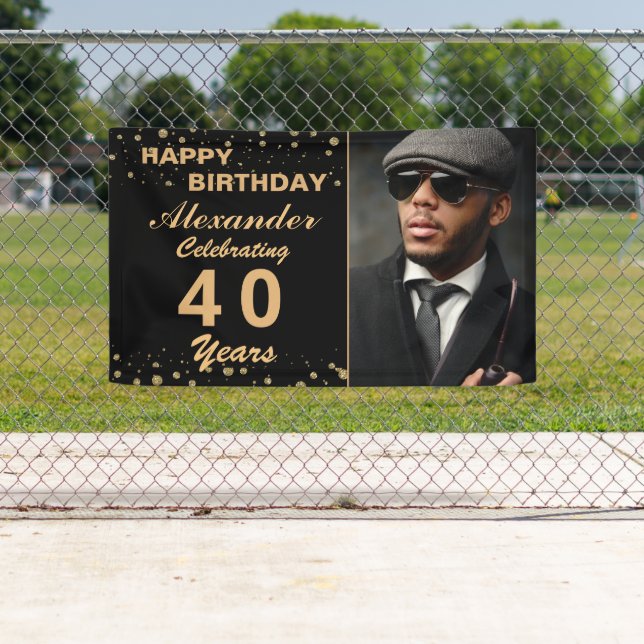 Happy Birthday Photo Party Event Gold Black Custom Banner (Insitu)