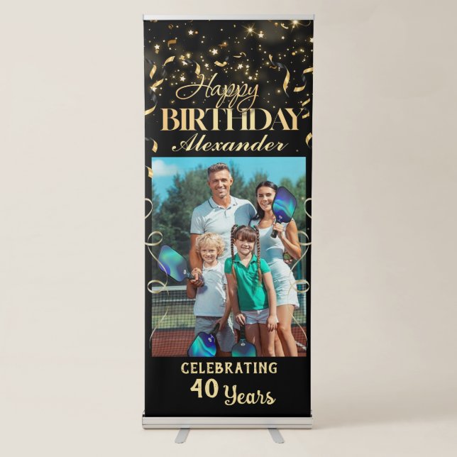 Happy Birthday Photo Party Event Gold Black Custom Retractable Banner (Front)