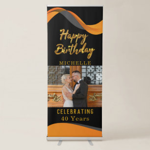 Happy Birthday Photo Party Event Gold Black Custom Retractable Banner