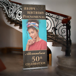 Happy Birthday Photo Party Event Gold Black Custom Retractable Banner