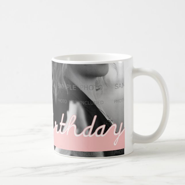 Happy Birthday Photo Pink White Cutout Text Design Coffee Mug (Right)