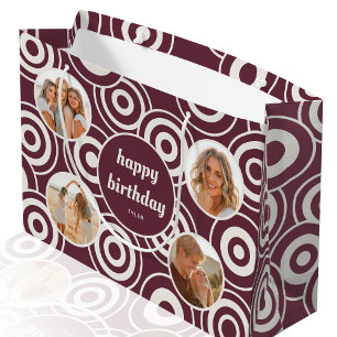Happy Birthday Photo Retro Circles Burgundy Large Gift Bag