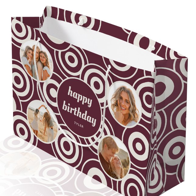 Happy Birthday Photo Retro Circles Burgundy Large Gift Bag (Creator Uploaded)