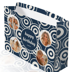 Happy Birthday Photo Retro Circles Dark Blue Large Gift Bag