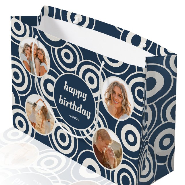 Happy Birthday Photo Retro Circles Dark Blue Large Gift Bag (Creator Uploaded)