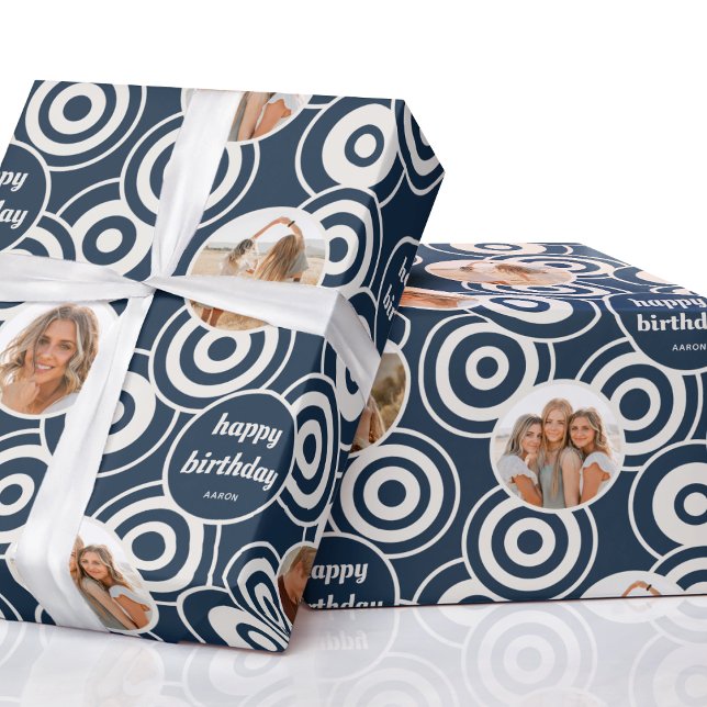 Happy Birthday Photo Retro Circles Dark Blue Wrapping Paper (Creator Uploaded)
