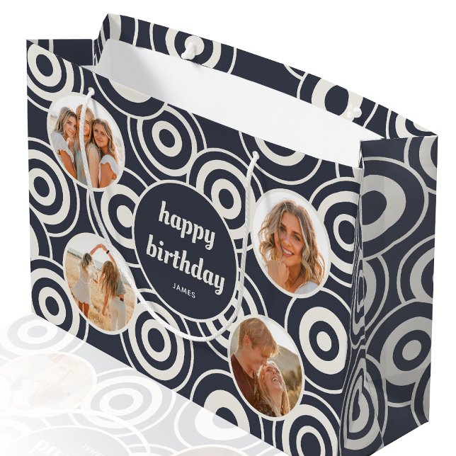 Happy Birthday Photo Retro Circles Dark Gray Large Gift Bag (Creator Uploaded)