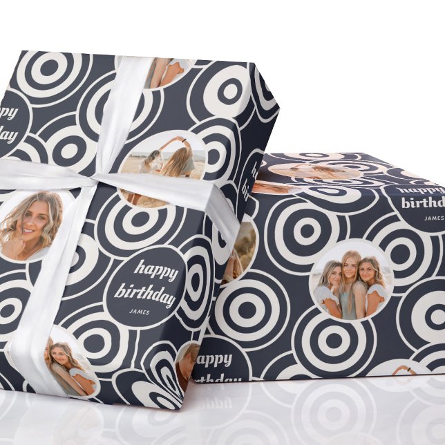 Happy Birthday Photo Retro Circles Dark Gray Wrapping Paper (Creator Uploaded)