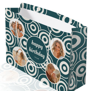 Happy Birthday Photo Retro Circles Green Large Gift Bag