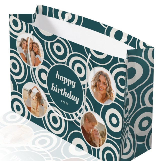 Happy Birthday Photo Retro Circles Green Large Gift Bag (Creator Uploaded)