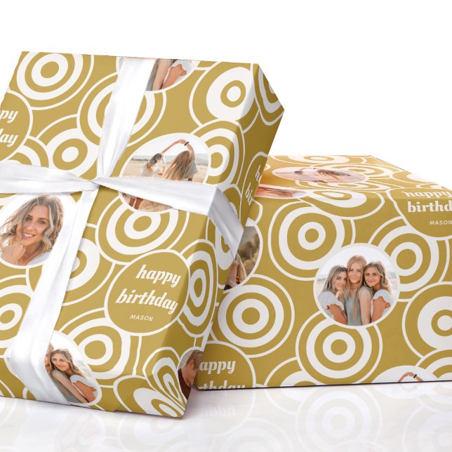 Happy Birthday Photo Retro Circles Mustard Wrapping Paper (Creator Uploaded)