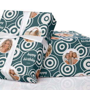 Happy Birthday Photo Retro Circles Teal Green Wrapping Paper