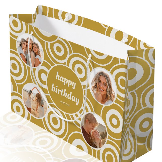 Happy Birthday Photo Retro Circles Yellow Large Gift Bag (Creator Uploaded)