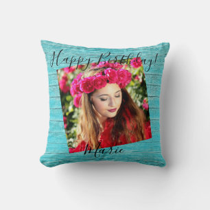 Happy Birthday Photo Rustic Blue Wood Throw Pillow