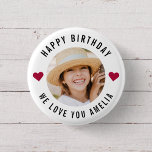 Happy Birthday Photo Simple Chic Modern Hearts Button<br><div class="desc">Fun and modern photo Happy Birthday buttons with custom message and photo. Trendy circular design with minimalist hearts and typography.</div>
