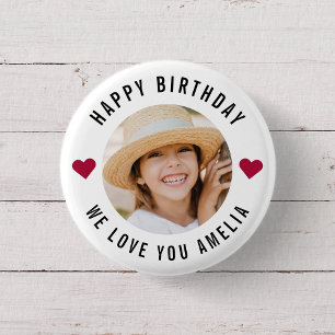 Happy Birthday Photo Simple Chic Modern Hearts Button