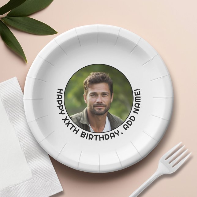 Happy Birthday - Photo with simple border and text Paper Plates (Custom Paper Plate)