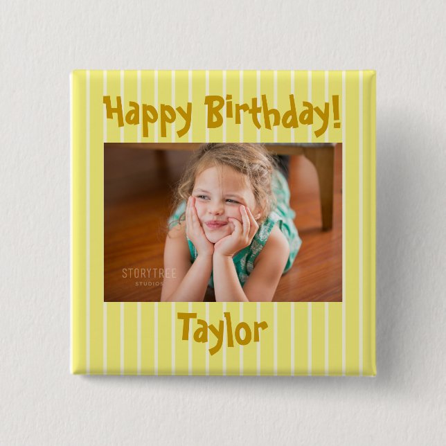 Happy Birthday Photo Yellow and White Striped Button (Front)