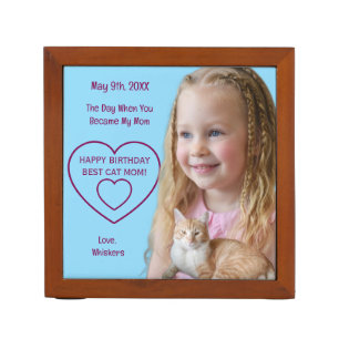 Happy Birthday Photos Cat & Mom in Heart Mousepad Desk Organizer